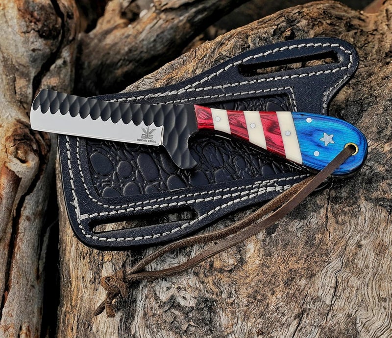 BE BREAK EDGE Hand made cowboy Bull Cutter with Leather Sheath, Hand forged multi colour Handle Cowboy Knife, Best Gift for Boy Friend. - Image 3